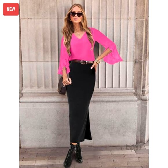 Ruffle 3/4 Sleeve V Neck Blouse Business Casual Tops Lightweight Fabric - Picture 5 of 7